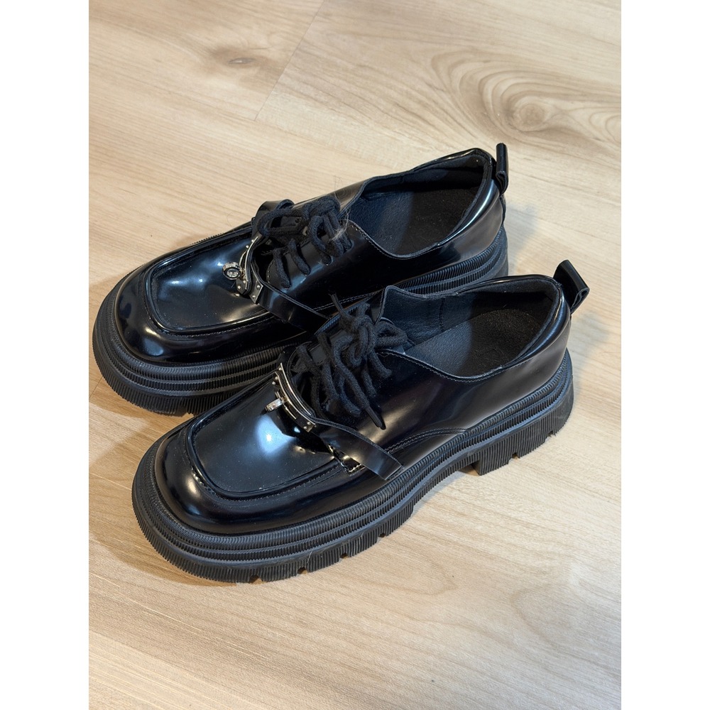 Black Patent Platform Loafers Black 7 Womens Lug Sole Buckle Detail Goth Punk